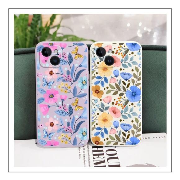 Purple Silicone iPhone 15 Pro Case with Pink and Blue Floral Design - Picture 6 of 6